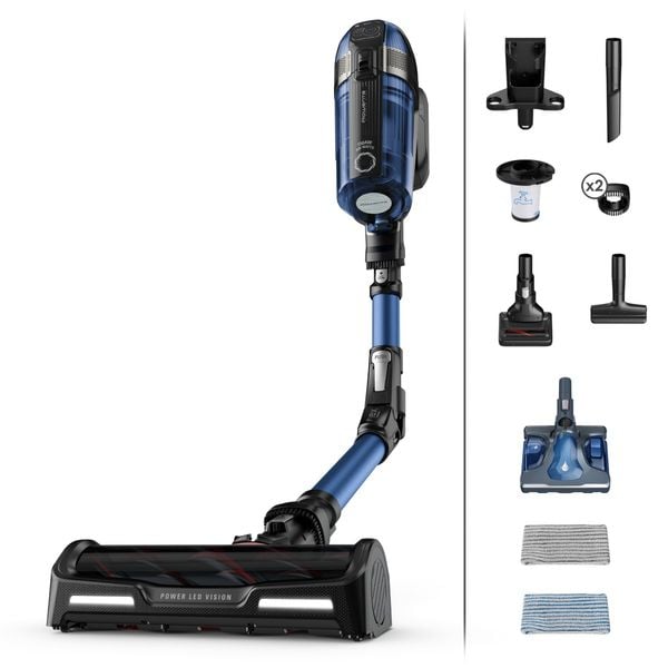 Aspirator vertical Rowenta X-Force Flex 12.60 Aqua RH98C0WO, 320 W, 0.9 l, Autonomie 45 minute, mop Aqua, Albastru/Negru