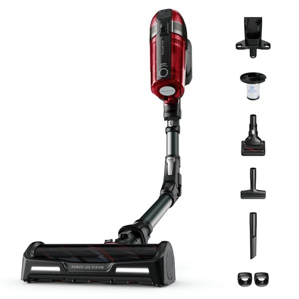 Aspirator vertical Rowenta X-Force Flex 12.60 RH98A8WO, 2 in 1, putere 320 W, putere aspirare 150 AirWats, autonomie pana la 45 min, tehnologie ciclonica, Animal Care, Negru/rosu
