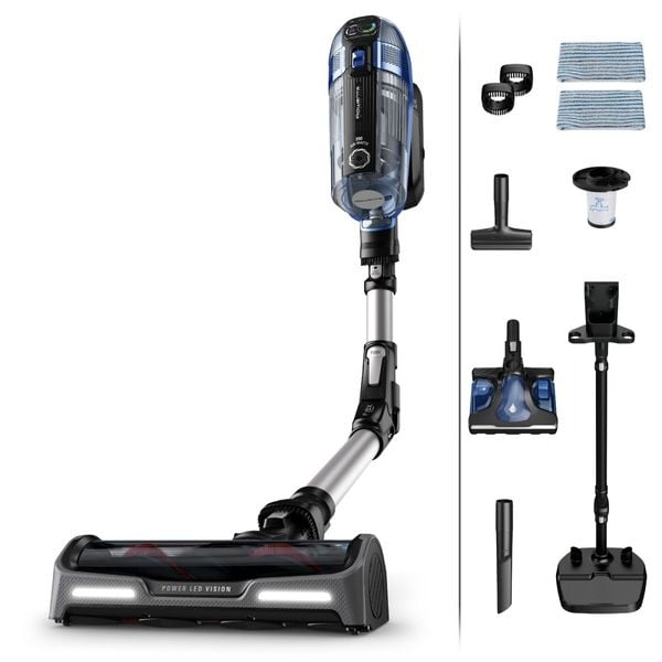Aspirator vertical Rowenta X-Force Flex 14.6 Aqua RH99C3WO, 480 W, 200 AW, autonomie 70 minute, functie Boost, tub flexibil, iluminare LED, ajustare automata a puterii, sistem Aqua, gri & albastru