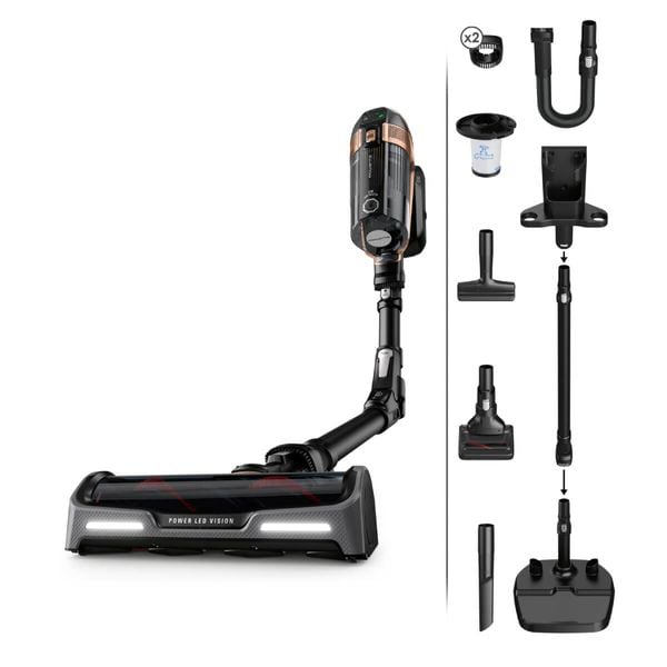 Aspirator vertical Rowenta X-Force Flex 15.60 RH99F1WO, 520W, Tehnologie flex, display control, accesorii animal care, stație încărcare, recipient praf 0.9L, autonomie max 1h și 20min, negru&maro