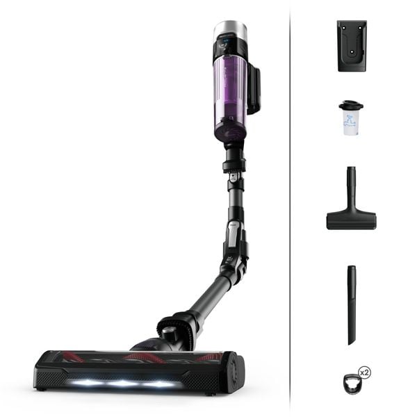Aspirator vertical Rowenta X-FORCE FLEX 9.60 Allergy, RH2038WO, 200W, putere de aspirare 100 air watts,  autonomie pana la 45 minute, Negru/Violet