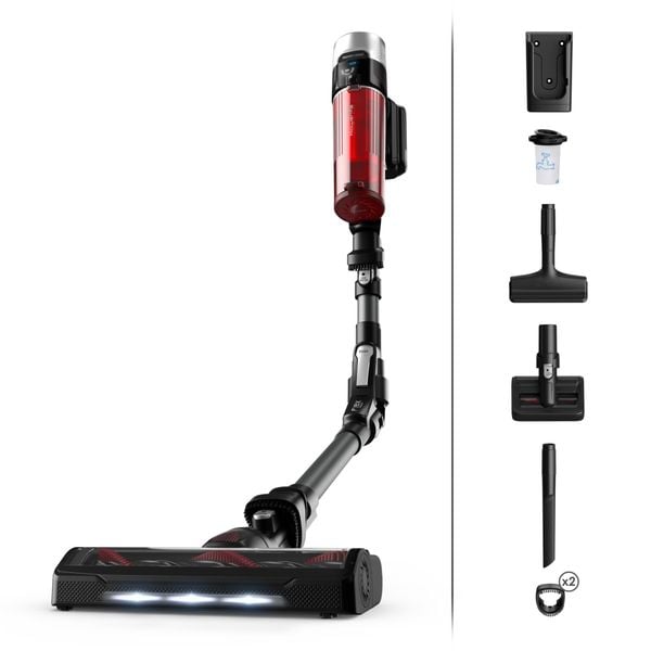 Aspirator vertical Rowenta X-Force Flex 9.60 Animal Care RH2078WO, 100 air watts, 200 W, Tub Flex, Smart Control Display, autonomie de 45 minute, Rosu/negru