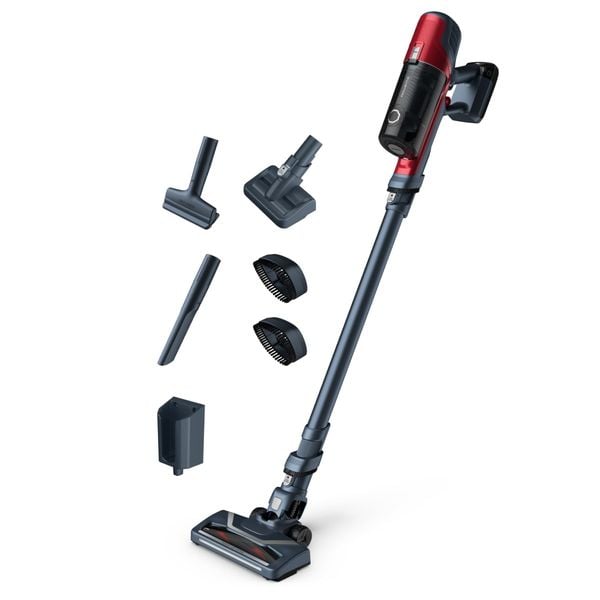 Aspirator vertical Rowenta X-Pert 6.60 Animal Care RH6878WO, 100W, 18V, autonomie 45 min, filtrare 94%, perie cu iluminare LED, recipient praf 0.55 L, accesorii animal care, functie boost, rosu & gri