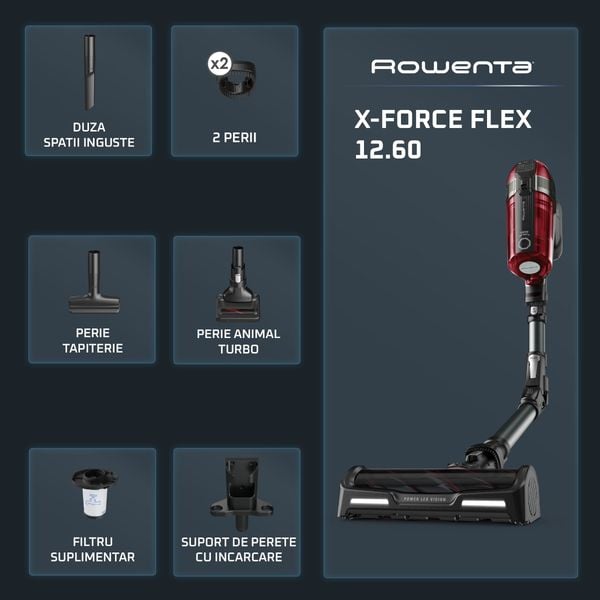 Aspirator vertical Rowenta X-Force Flex 12.60 cu mop Aqua RH98C8WO, 320W, 45 minute autonomie, baza de incarcare, tehnologie flex, Albastru/ negru