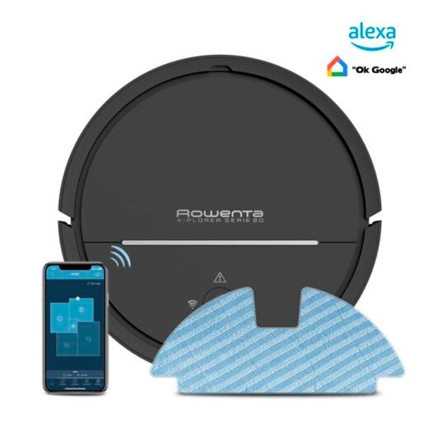 Aspirator robot ROWENTA X-Plorer Animal Serie 80 RR7755WH, 33W, recipient 0.7l, compatibil cu smartphone-ul, perie Animal Turbo, functie mapare, programabil, Sistem Aqua Force,  Negru