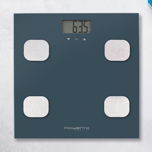 Cantar de baie Rowenta Body Up BR2520V0, 150 kg, gradatii la 100 g, analiza corporala, 8 profile, sticla, negru