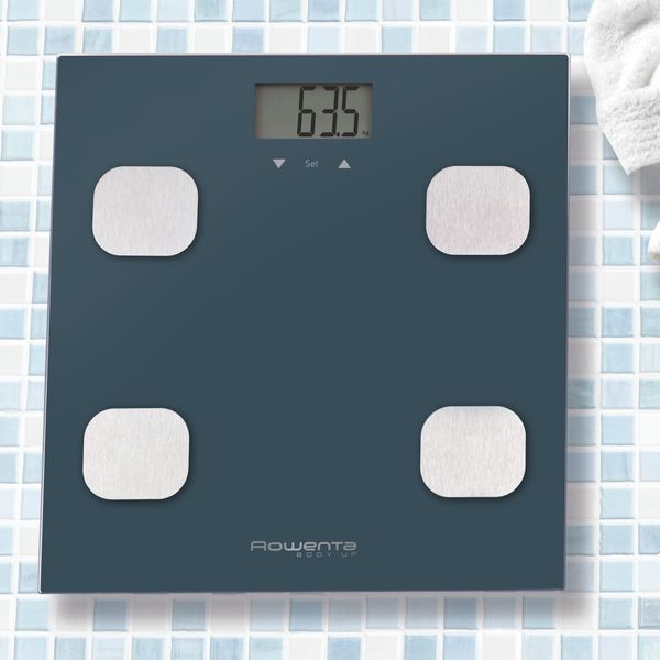 Cantar de baie Rowenta Body Up BR2520V0, 150 kg, gradatii la 100 g, analiza corporala, 8 profile, sticla, negru