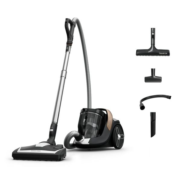 Aspirator fara sac Rowenta Silence Force Cyclonic 8 RO7C44E0, 900 W, recipient praf 2.5 L, nivel zgomot 66 dB, raza de actiune 9 m, filtrare HEPA 99.98%, perie PowerGlide Silent, perie parchet, accesoriu flexibil XL, duza tapiterie, negru & maro