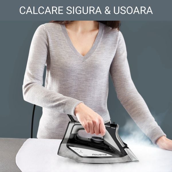 Fier de calcat cu abur Rowenta Expertis Anti-Calc DW7025D1, 2700 W, jet de abur 180 g/min, abur variabil 45 g/min, rezervor apa 300 ml, talpa Microsteam 400 HD Laser, functie antipicurare, abur vertical, negru & verde