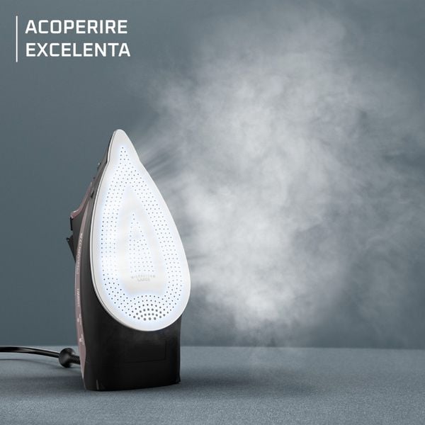 Fier de calcat cu abur Rowenta Express DW4345D1. 2600 W, jet de abur 200 g/min, abur variabil 0-40 g/min, rezervor apa 250 ml, talpa Microsteam 350 Laser, functie antipicurare, abur vertical, mod Eco, negru & roz