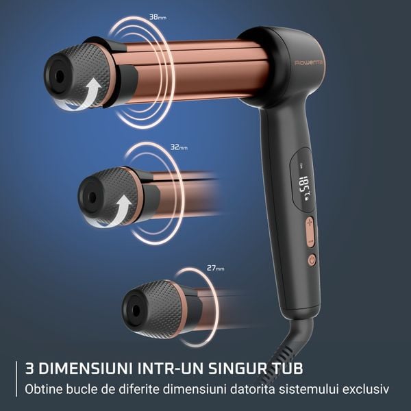 Ondulator de par Rowenta Twist Curl CF4620E0, ajustabil pe 3 diametre, temperatura ajustabila, invelis ceramic, 75 W, negru & roz