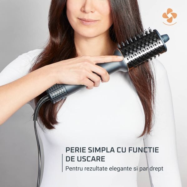 Perie cu aer cald 3 in 1 Rowenta Air Brush 3D UB9720E0, 1100W, non-rotativa, generator de ioni, 3 trepte de viteza & temperatura, functie jet de aer rece, varf rece, verde & bronz