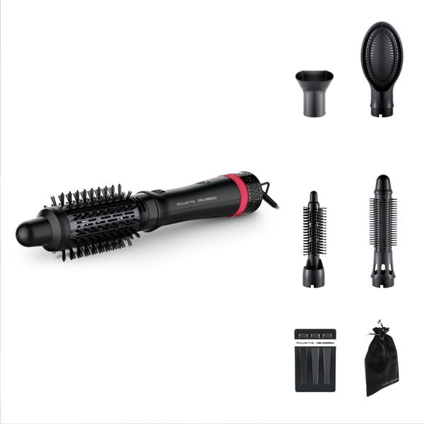 Perie cu aer cald Rowenta x Karl Lagerfeld Express Style CF635LF0, 800W, cablu rotativ 360°, 3 trepte de viteza / temperatura, 5 accesorii, invelis Keratin & Glow, functie hair respect, negru