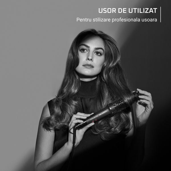 Perie cu aer cald Rowenta x Karl Lagerfeld Powerbrush UB572LE0, 55 W, 2 trepte de temperatura, non-rotativa, invelis ceramic, generator de ioni, diametru 38 mm, varf rece, inel de agatare, negru & rosu