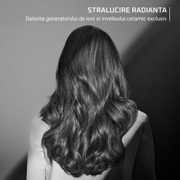 Perie cu aer cald Rowenta x Karl Lagerfeld Powerbrush UB572LE0, 55 W, 2 trepte de temperatura, non-rotativa, invelis ceramic, generator de ioni, diametru 38 mm, varf rece, inel de agatare, negru & rosu
