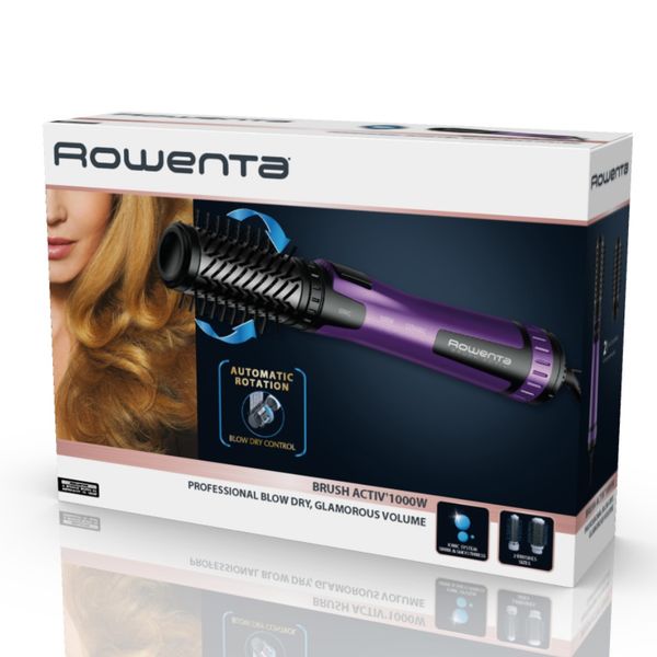 Perie rotativa cu aer cald Rowenta Brush Activ' CF9525F0, 1000W, 2 perii rotative, 2 trepte de temperatura si viteza, functie jet de aer rece, generator de ioni, invelis ceramic, negru & violet