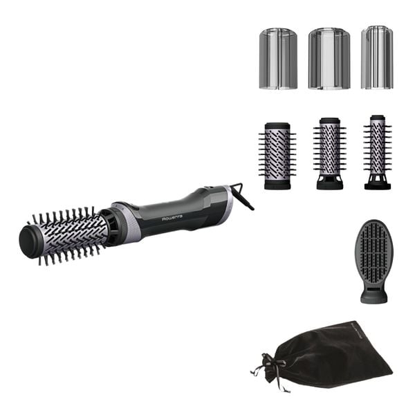 Perie rotativa cu aer cald Rowenta Brush Activ UB9534F0, 1000W, 2 trepte de viteza & temperatura, 2 perii rotative 40/50mm, 1 perie de 30 mm, 1 perie paddle, husa inclusa, generator de ioni, invelis ceramic, negru & argintiu