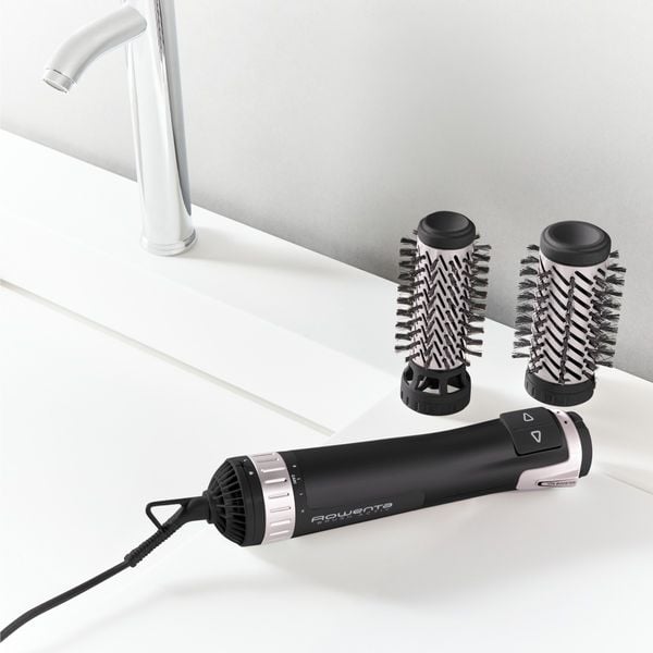 Perie rotativa Rowenta Brush Activ' Dry & Style CF9550F0, 1000 W, generator de ioni, jet de aer rece, inel de agatare, negru