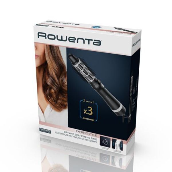 Perie cu aer cald Express Style CF6320F0, 3 accesorii, cablu rotativ 360°, negru & argintiu