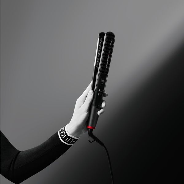 Placă de păr Rowenta Karl Lagerfeld Pro Stylist SF467LF0, invelis Keratin & Glow, temperatură variabilă, ecran LCD, generator de ioni, oprire automata, negru