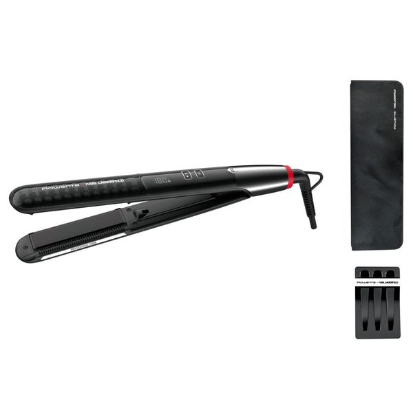 Placă de păr Rowenta Karl Lagerfeld Pro Stylist SF467LF0, invelis Keratin & Glow, temperatură variabilă, ecran LCD, generator de ioni, oprire automata, negru