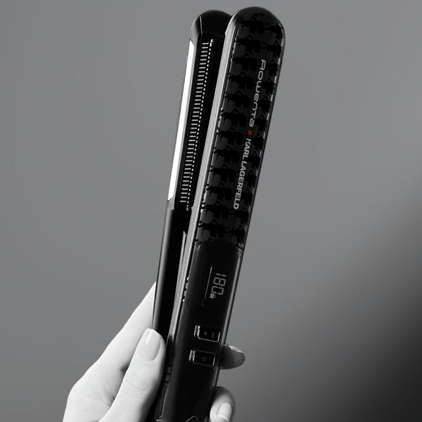 Placă de păr Rowenta Karl Lagerfeld Pro Stylist SF467LF0, invelis Keratin & Glow, temperatură variabilă, ecran LCD, generator de ioni, oprire automata, negru