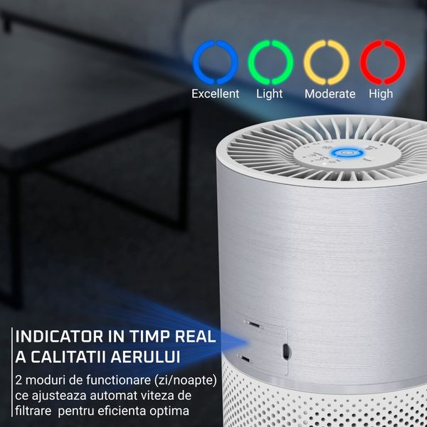 Purificator Rowenta Pure Air Compact PU2220F0, sistem de filtrare 3-in-1 HEPA, 3 trepte de viteza, mod auto, 3 filtre, functie Allergen Boost, alb