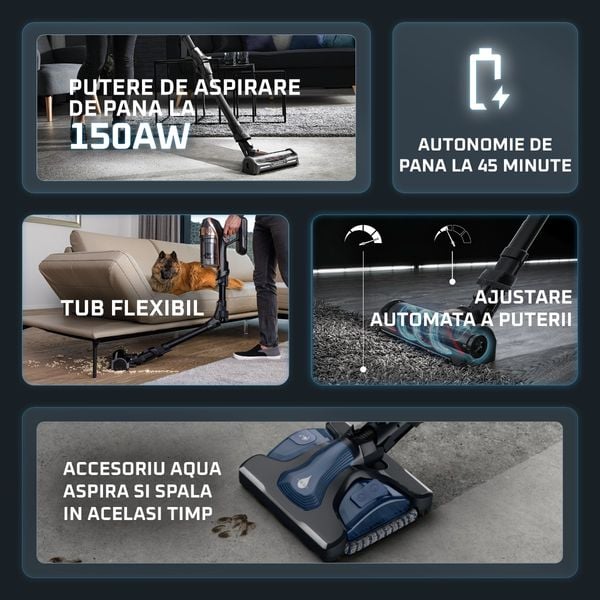 Aspirator vertical Rowenta X-Force Flex 12.60 Aqua RH98C0WO, 320 W, 0.9 l, Autonomie 45 minute, mop Aqua, Albastru/Negru