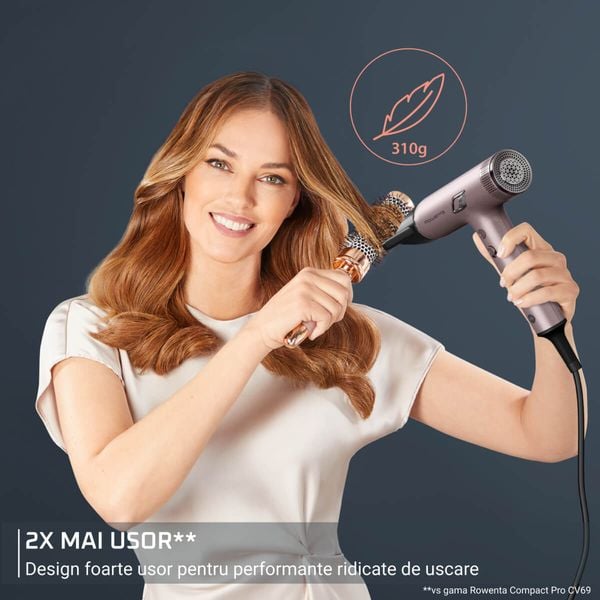 Uscator de par pliabil Rowenta Nano HY8530E0, 1700W, 3 trepte de viteza, 3 trepte de temperatura, 2 concentratoare, functie aer rece, generator de ioni, grilaj detasabil, roz & negru  
