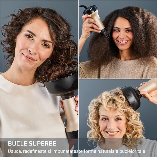 Uscator de par Rowenta Curl Harmony 3 in 1 CV7D30E0, 700 W, 2 trepte de viteza si temperatura, generator de ioni, grila detasabila, geanta de transport, crem & negru