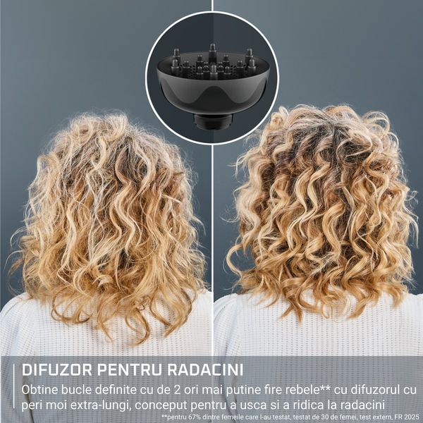 Uscator de par Rowenta Curl Harmony 3 in 1 CV7D30E0, 700 W, 2 trepte de viteza si temperatura, generator de ioni, grila detasabila, geanta de transport, crem & negru