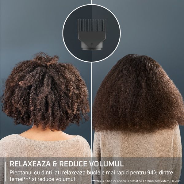 Uscator de par Rowenta Curl Harmony 3 in 1 CV7D30E0, 700 W, 2 trepte de viteza si temperatura, generator de ioni, grila detasabila, geanta de transport, crem & negru