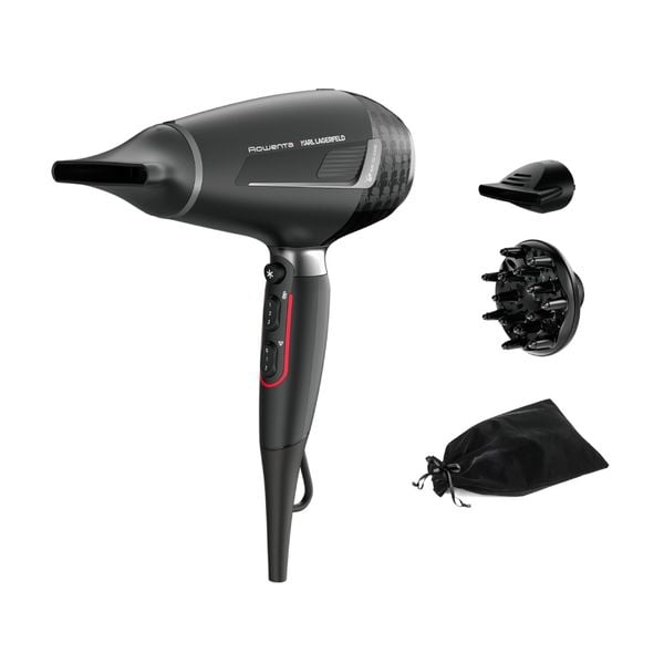 Uscător de păr Rowenta x Karl Lagerfeld Pro Stylist CV888LF0, 2200W, Tehnologia Rowenta Air-to-Care, invelis Keratin&Glow, 3 accesorii, jet de aer rece, cablu 1.8m, negru&gri