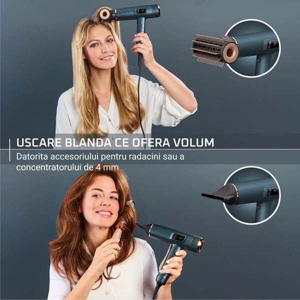 Uscator de par Rowenta Maestria For You HY9430E0, 1800W, 3 setari de temperatura, 3 trepte de viteza, mod manual, invelis ceramic, generator de ioni, 6 accesorii, verde