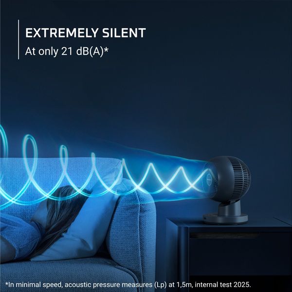 Ventilator pentru birou Rowenta Turbo Silence Compact 3D QV2540F1, 22 W, 3 moduri automate, 12 trepte de viteza, telecomanda inclusa, oscilatie multidirectionala, oprire automata, design compact, albastru