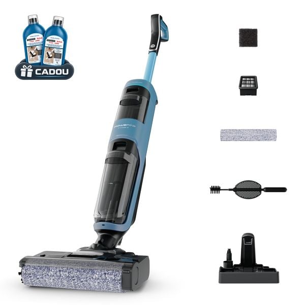 Aspirator cu spalare Rowenta X-Clean 2 GZ2271E0, 120W, 440 RPM, pana la 35 min autonomie, ecran LED, 2 role, panou de control, albastru & negru