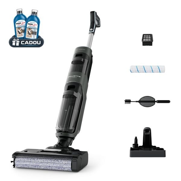 Aspirator cu spalare Rowenta X-Clean 4 GZ5037WO, 200W, 425 RPM, pana la 50 min autonomie, ecran LED, functie autocuratare, baza de incarcare, nivel scazut de zgomot, gri & negru