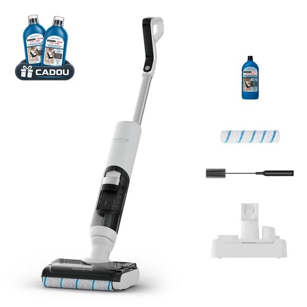 Aspirator cu spalare Rowenta X-Clean 5 Pro GZ5435E0, 250 W, 530 RPM, pana la 50 min autonomie, ecran LED, functie uscare & autocuratare, tehnologie anti-incalcire, compatibil cu detergenti, alb & negru