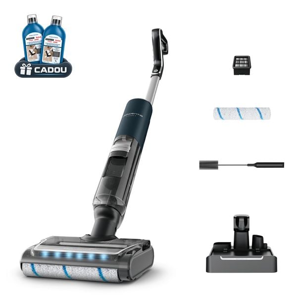 Aspirator cu spalare Rowenta X-Clean 7 GZ5735E0, 250 W, 530 RPM, pana la 50 min autonomie, ecran LED, functie uscare & autocuratare, baza de incarcare, verde & gri