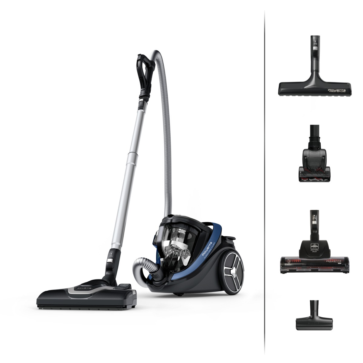Aspirator fara sac Silence Force Cyclonic Effitech® RO7971EA, 500 W, recipient pentru praf 2.5 L, 3 niveluri de filtrare, negru & albastru