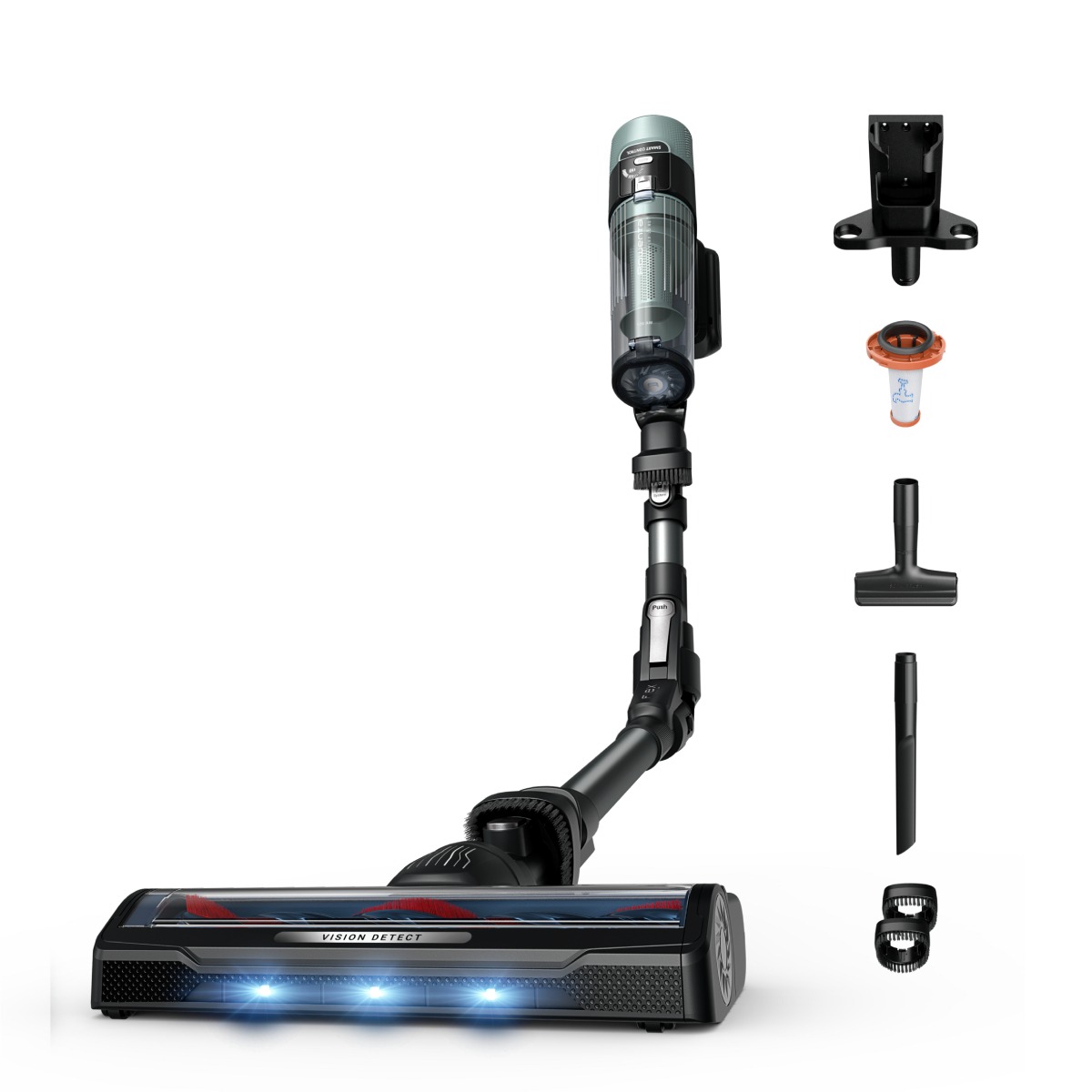 Aspirator vertical Rowenta X-Force Flex 10.80 RH7A35E0, 300 W, 18.5V, autonomie 60 minute, recipient 0.44 L, tehnologie flex, perie cu LED, panou digi