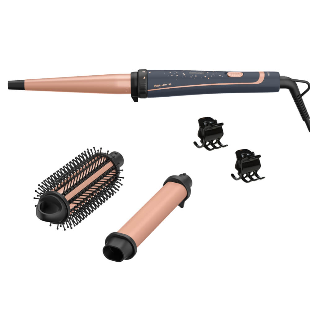 Ondulator de par Rowenta Infinite Curls Stellar CF4211F0, invelis ceramic, timp de incalzire 60 secunde, cablu rotativ 360°, varf rece, gri & portoca